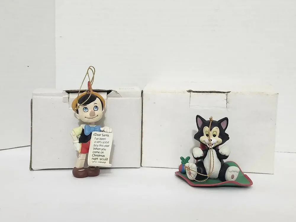 Disney Pinocchio and Figaro Vintage Christmas Ornament Pair Boxed Grolier Lot